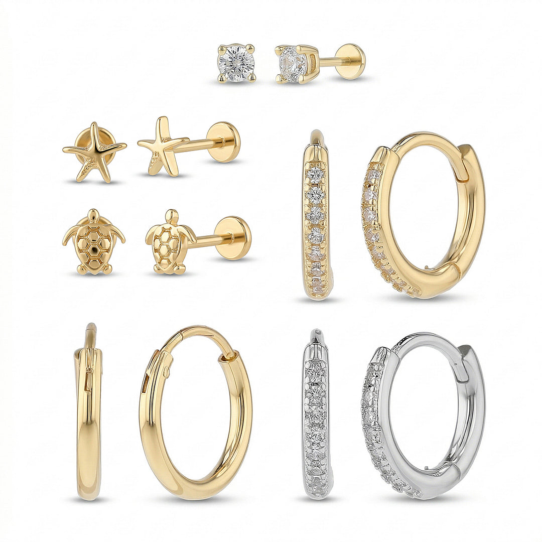 Brass Yellow Gold-Plated Waterproof Cubic Zirconia Trio Huggies 4MM Princess Cut Cubic Zirconia Stud 5MM Starfish Sea Turtle Stud 6 Pcs Earring Set