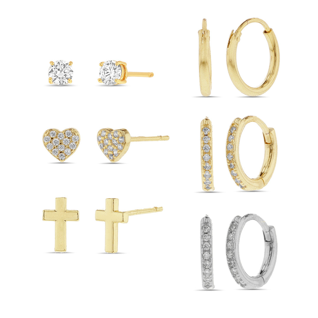 Brass Yellow Gold-Plated Waterproof Cubic Zirconia Trio Huggies 6.7 MM Polished Cross Cubic Zirconia Pave Heart Stud 4MM Cubic Zirconia Stud 6 Pcs Earring Set