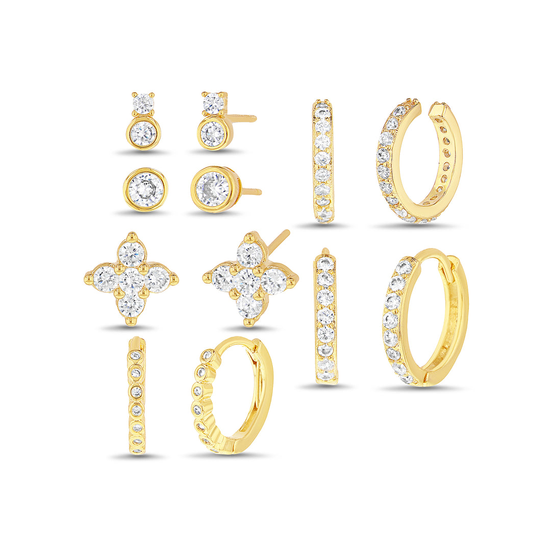Brass Yellow Gold-Plated Waterproof Cubic Zirconia Trio Huggies & Round Clover Trio Studs Earring Set