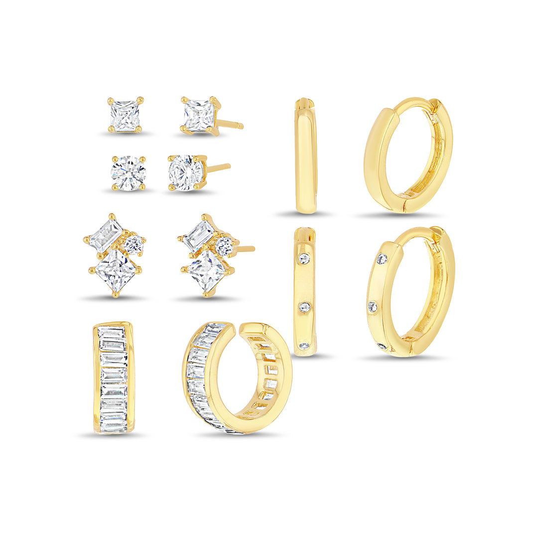 Brass Yellow Gold-Plated Waterproof Cubic Zirconia Duo Huggies, Square Round Baguette Trio Studs, & Cuff Earring Set<br>