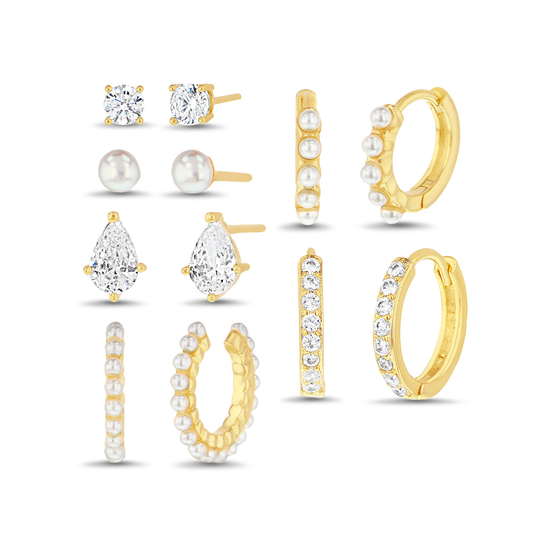 Brass Yellow Gold-Plated Waterproof Pearl Beads Duo Huggies, Round Pear Trio Studs, & Cuff Earring Set<br>