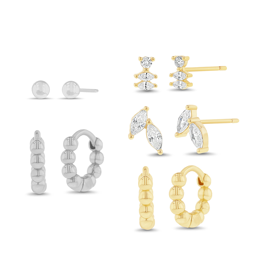 Aquamir Two Tone Waterproof Cubic Zirconia Bar 5-Pair Earring Set