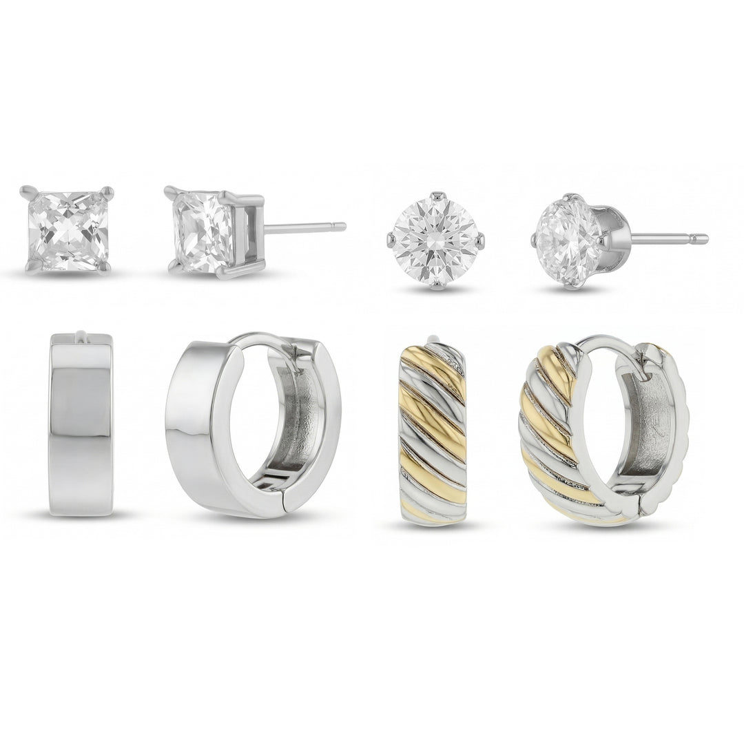 Brass Yellow Gold-Plated 2tone Waterproof Cubic Zirconia Round Stud & Textured & Polished Duo Hoop 4pc Men's Earring Set