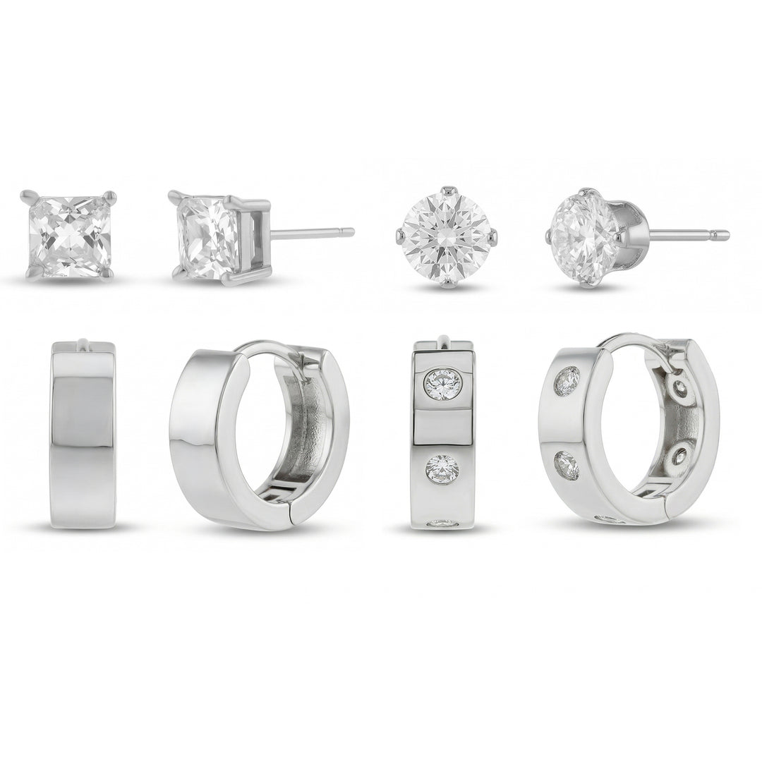 Brass Rhodium-Plated Waterproof Cubic Zirconia Round Duo Stud & Cubic Zirconia Duo Hoop 4pc Men's Earring Set