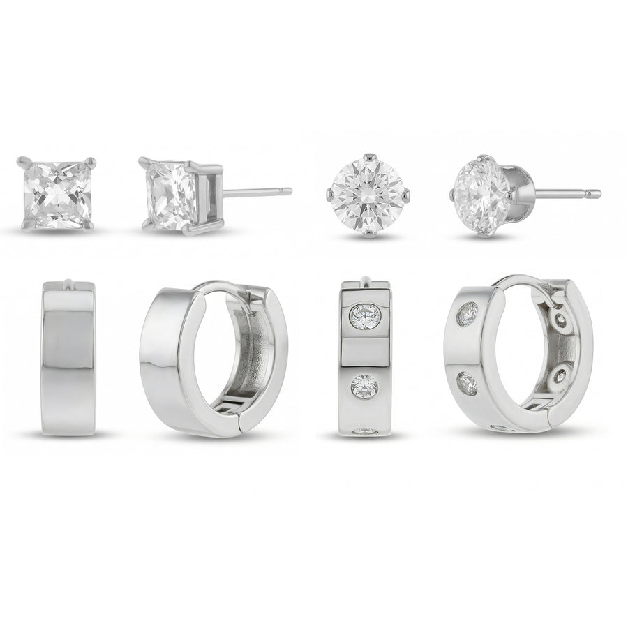 Brass Rhodium-Plated Waterproof Cubic Zirconia Round Duo Stud & Cubic Zirconia Duo Hoop 4pc Men's Earring Set