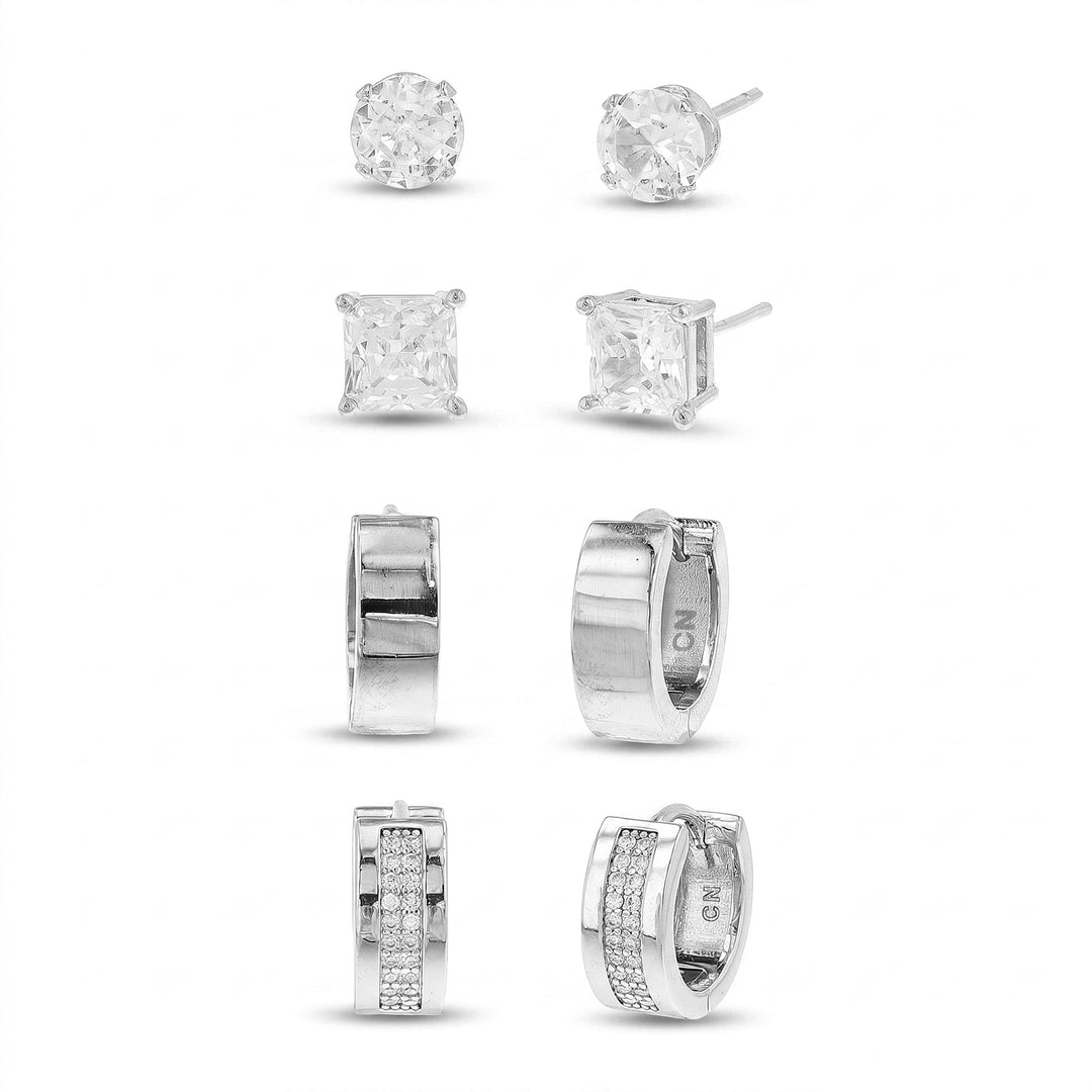 Brass Rhodium-Plated Waterproof Cubic Zirconia Square Duo Stud & Cubic Zirconia Duo Hoop 4pc Men's Earring Set