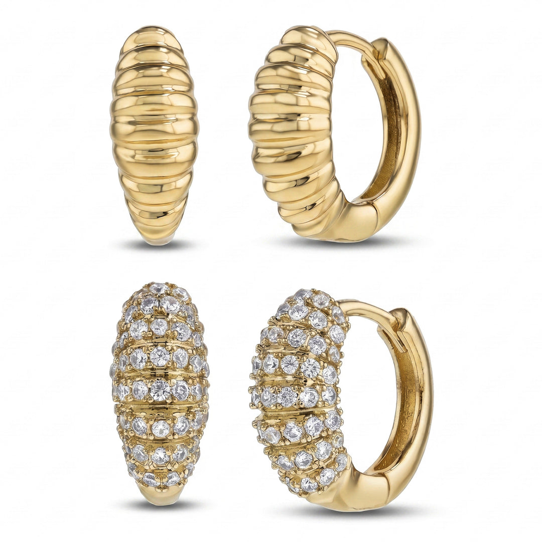 Brass Yellow Gold-Plated Waterproof Ribbed Front Polished & Cubic Zirconia Pave Ribbed 2pc Hoop Earrings Set