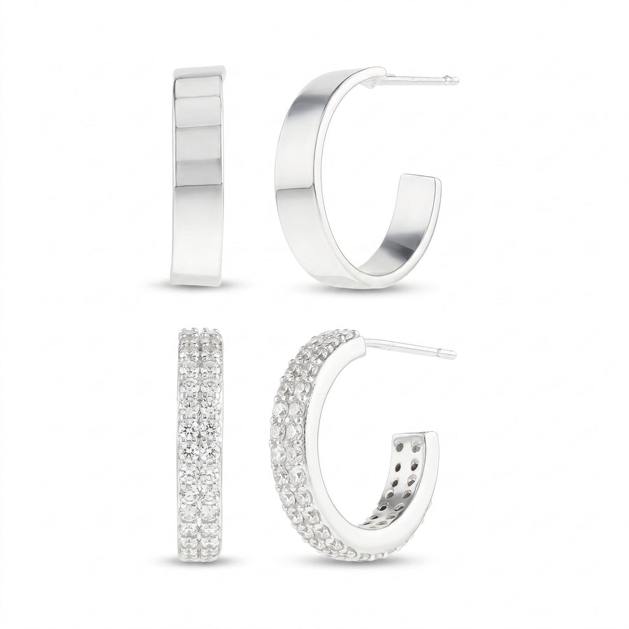 Brass Rhodium-Plated Waterproof Polished & Cubic Zirconia Pave 2pc Hoop Earrings Set