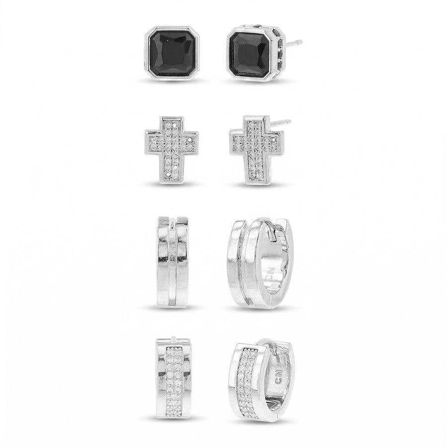 Brass Rhodium-Plated Waterproof Multi Color Gem Cubic Zirconia Cross Onyx Square Stud & Cubic Zirconia Duo Hoop 6pc Men's Earring Set