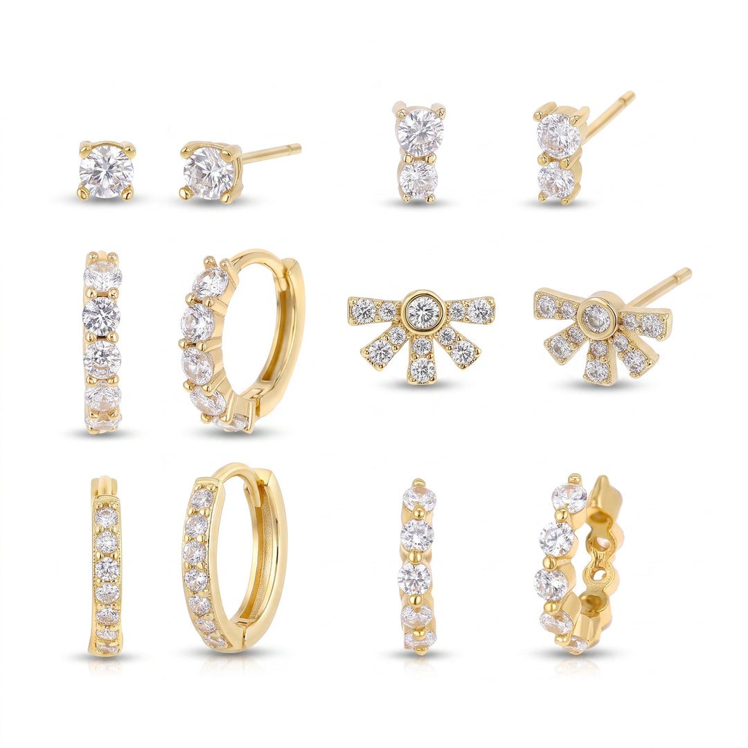 Brass Yellow Gold-Plated Waterproof Cubic Zirconia Stud & Huggie 6pc Earrings Set