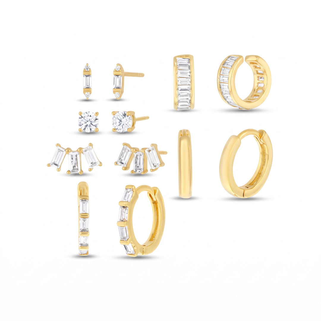 Brass Yellow Gold-Plated Waterproof Cubic Zirconia Trio Huggies & Round Pear Cubic Zirconia Bezel 6x4mm Trio Studs Earring Set