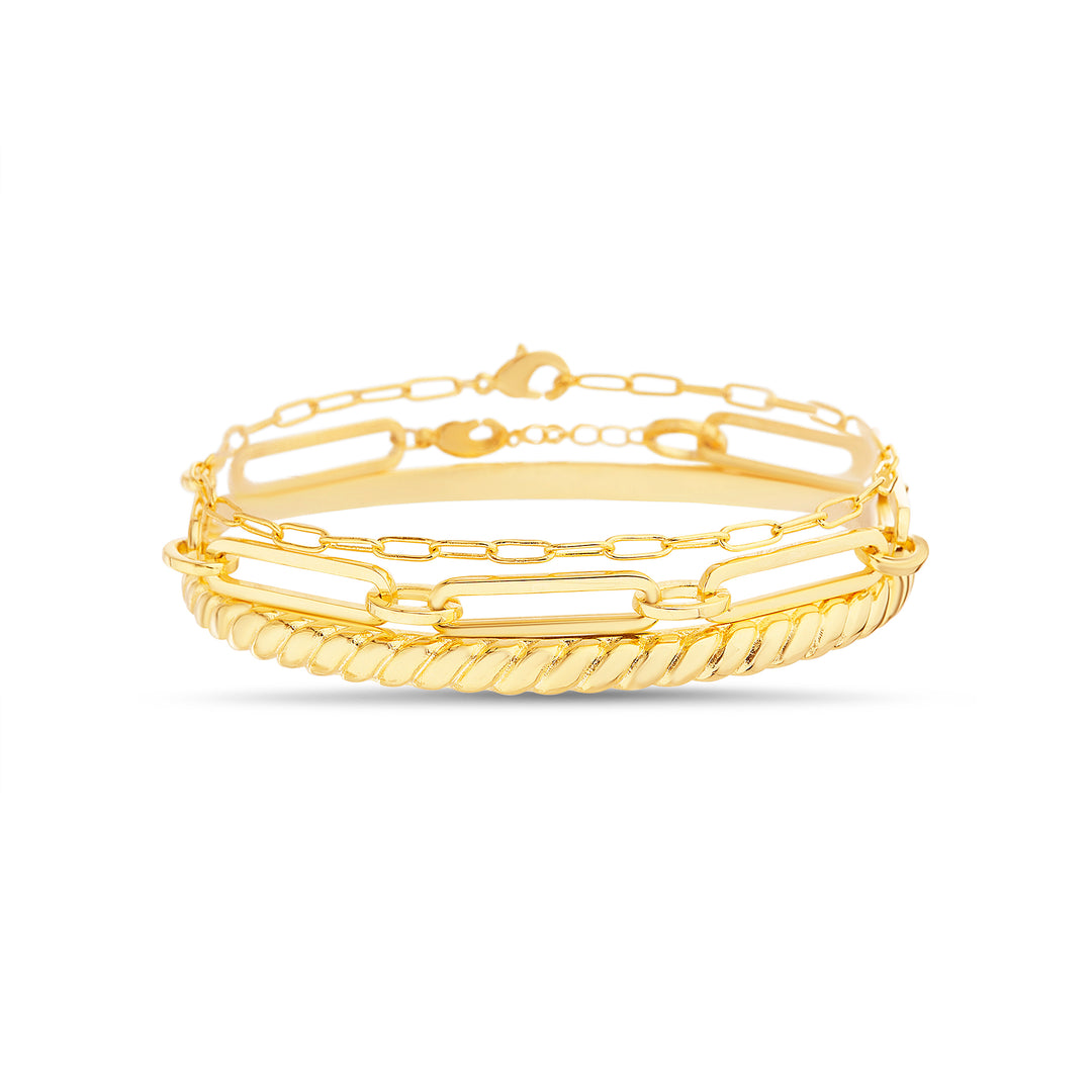 Brass Yellow Gold-Plated Waterproof Twisted Design Paper Clip Linked Trio Bangle Set