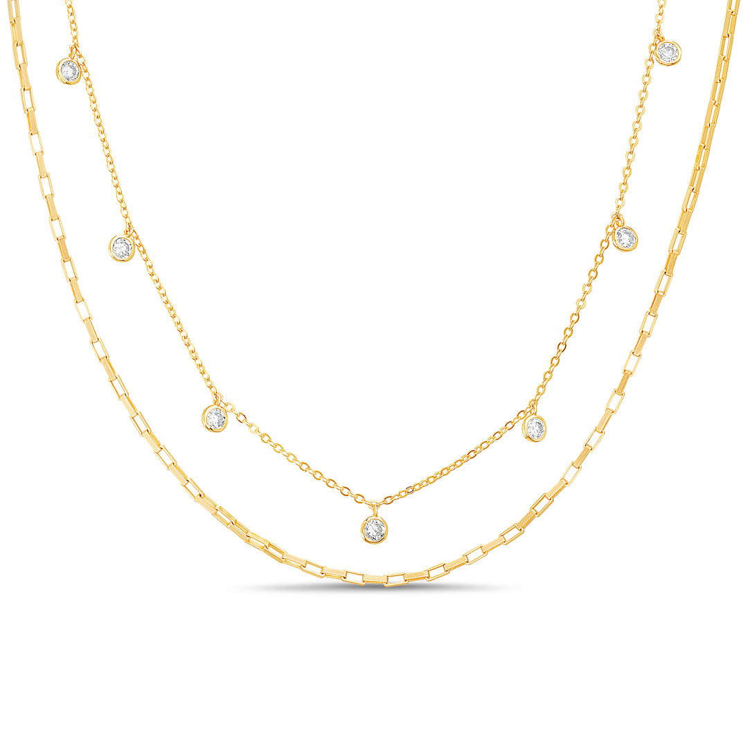 Brass Yellow Gold-Plated Waterproof Cubic Zirconia Bezel Dangle Double Layered Boxchain Curb Chain Necklace