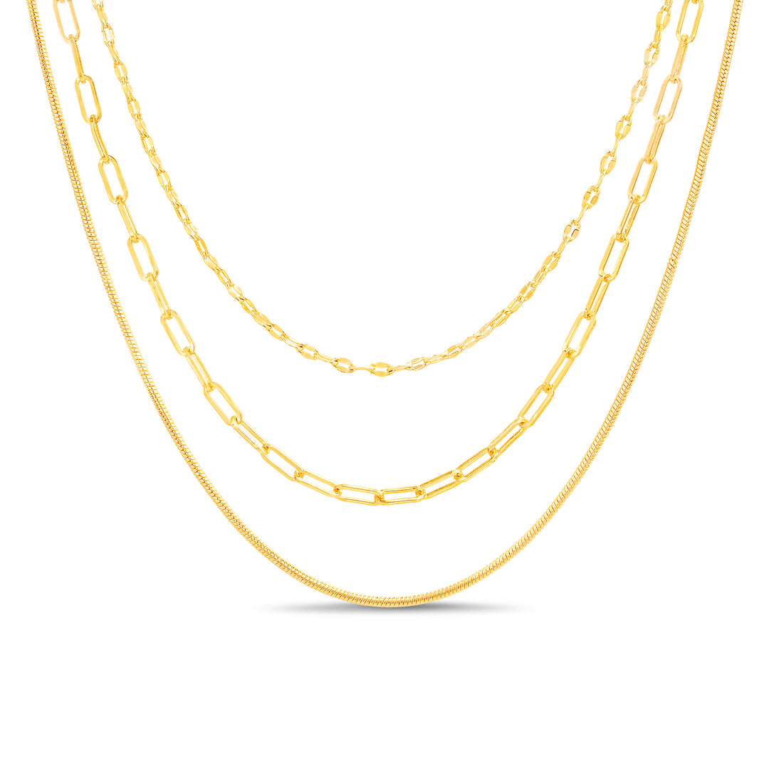 Brass Yellow Gold-Plated Waterproof 3 Pc Layers 14'' 15'' and 16'' Necklace Set