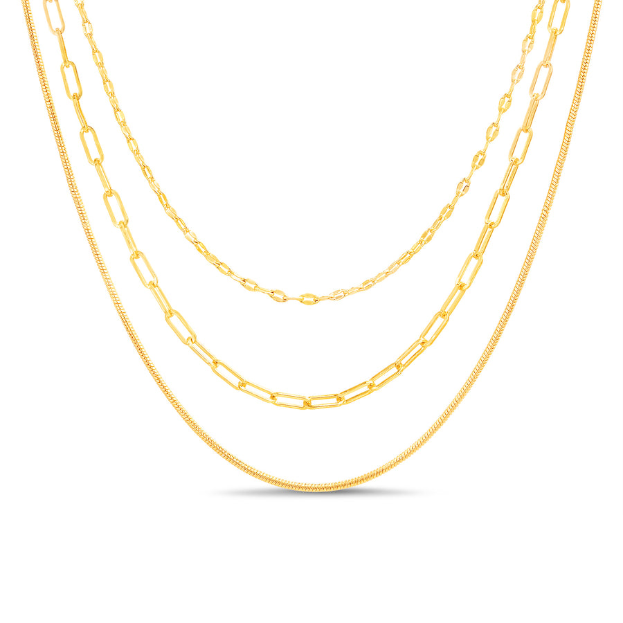 Brass Yellow Gold-Plated Waterproof 3 Pc Layers 14'' 15'' and 16'' Necklace Set