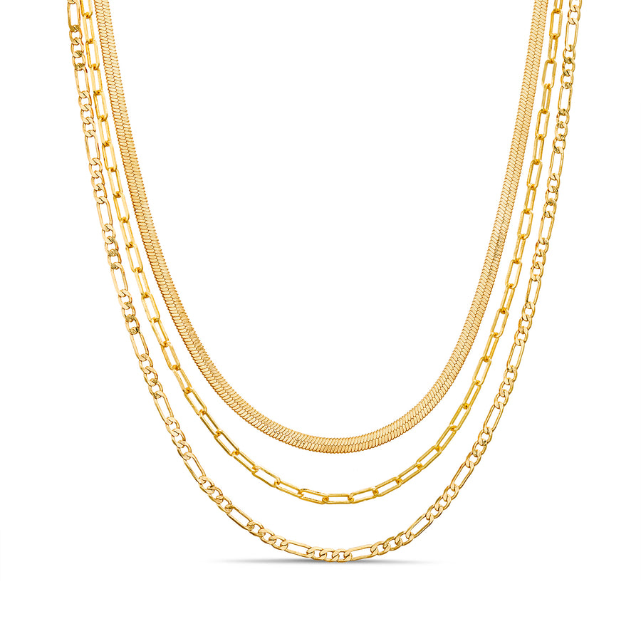 Brass Yellow Gold-Plated Waterproof 3 Pc Layer Necklace Set 14'' 15'' and 16''