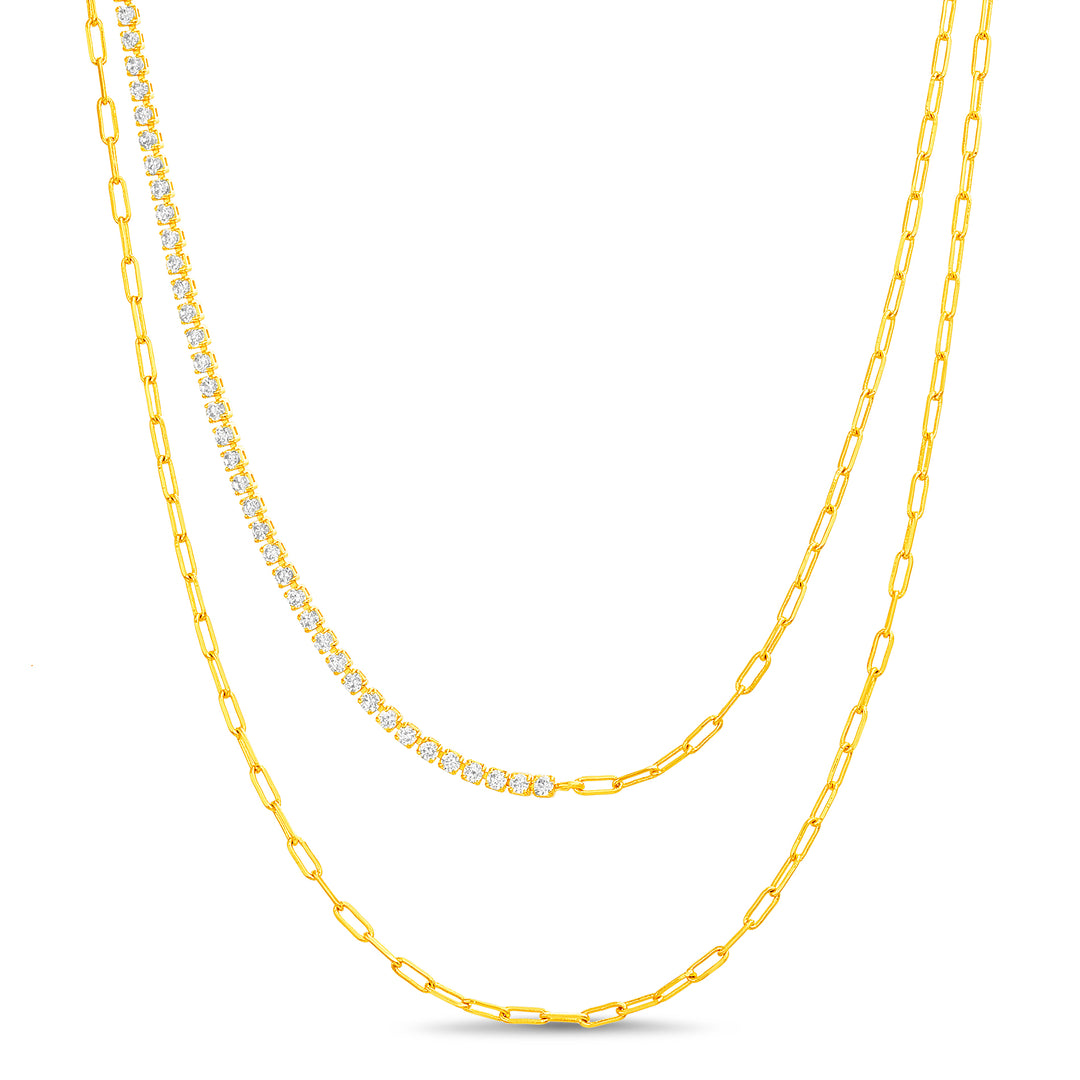 Brass Yellow Gold-Plated Waterproof Paperclip Chain 16" +2" Half Paperclip + Half Tennis Chain 14" +2" Necklace Set