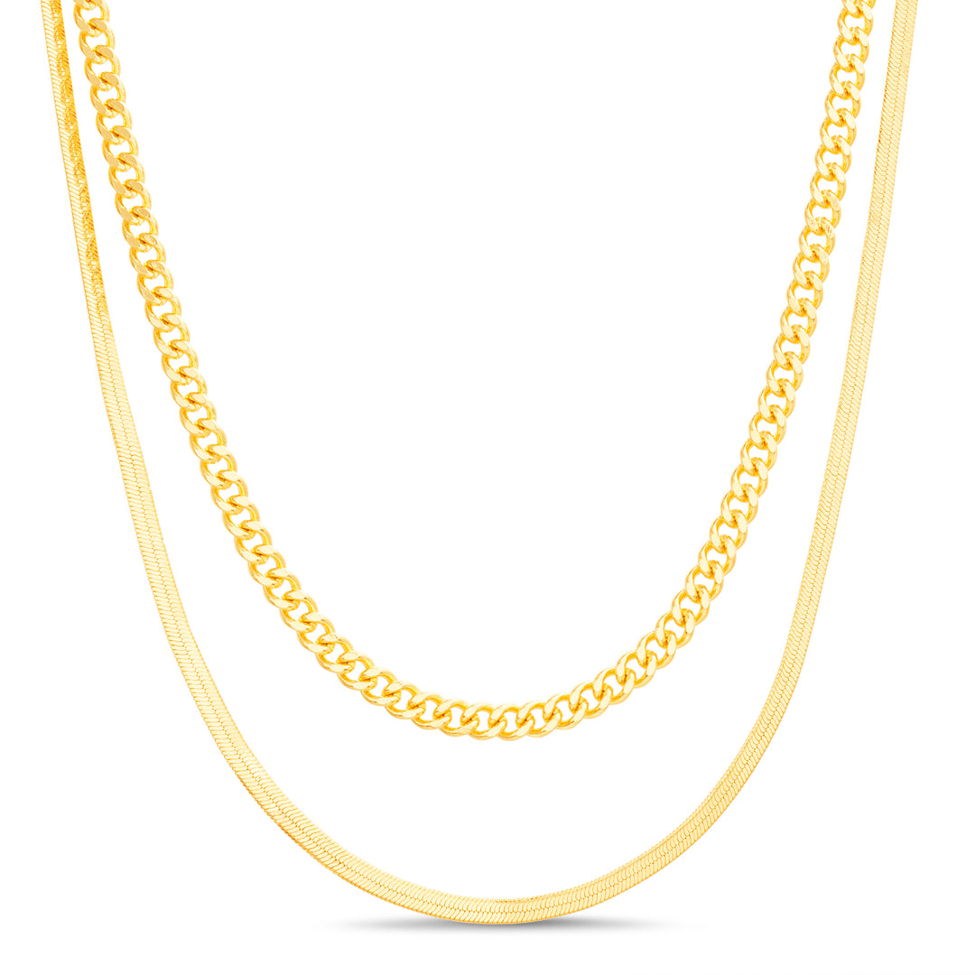 Brass Yellow Gold-Plated Waterproof - Herringbone 16" +2" Curb Chain 14" +2" Necklace Set