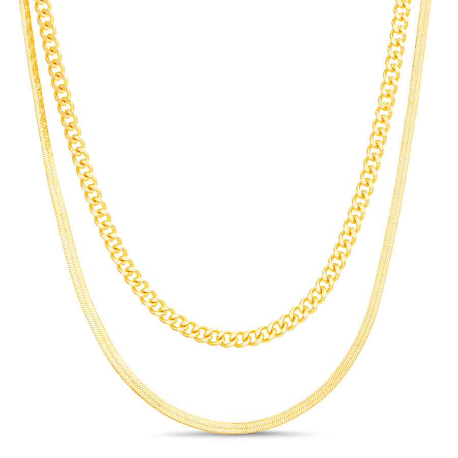 Brass Yellow Gold-Plated Waterproof - Herringbone 16" +2" Curb Chain 14" +2" Necklace Set