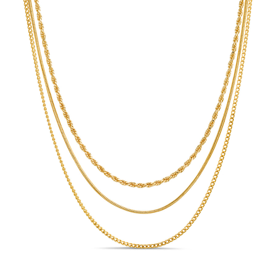 Brass Yellow Gold-Plated Waterproof Rope Snake and Rolo Chain Necklace