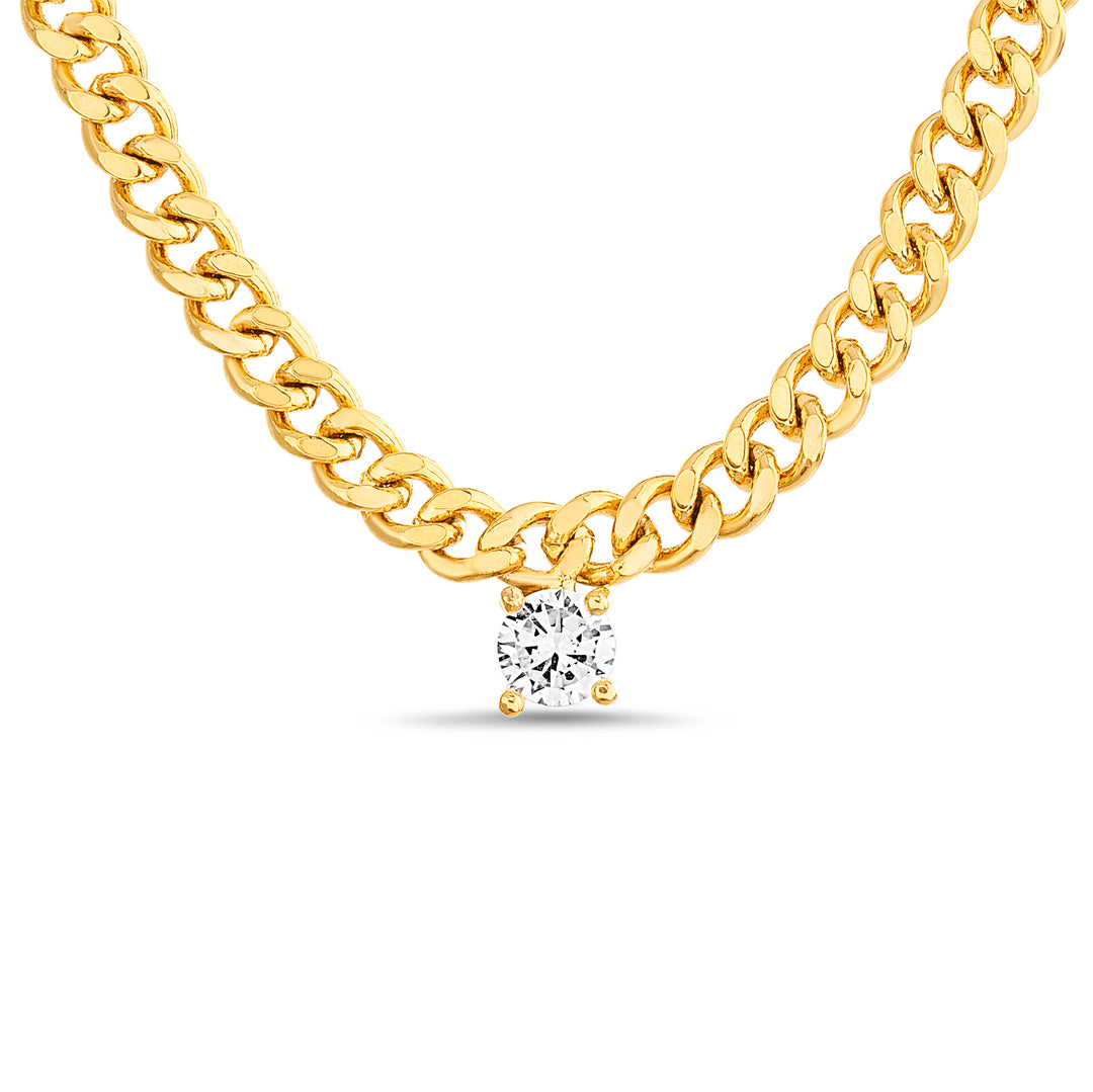 Brass Yellow Gold-Plated Waterproof Clear Cubic Zirconia Tennis Chain Necklace