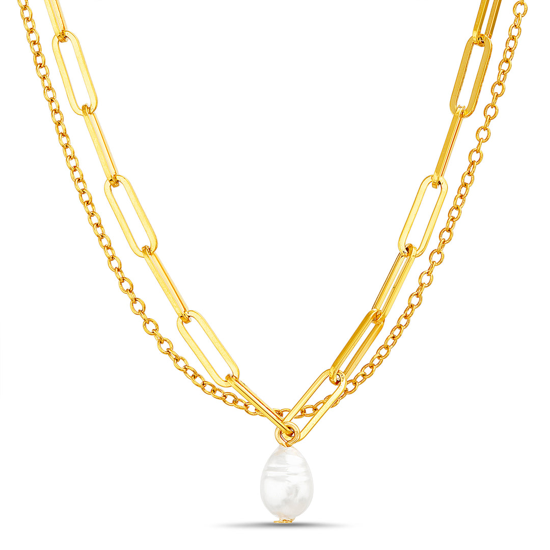 Brass Yellow Gold-Plated Wt Pearl Double Layer Chain Necklace