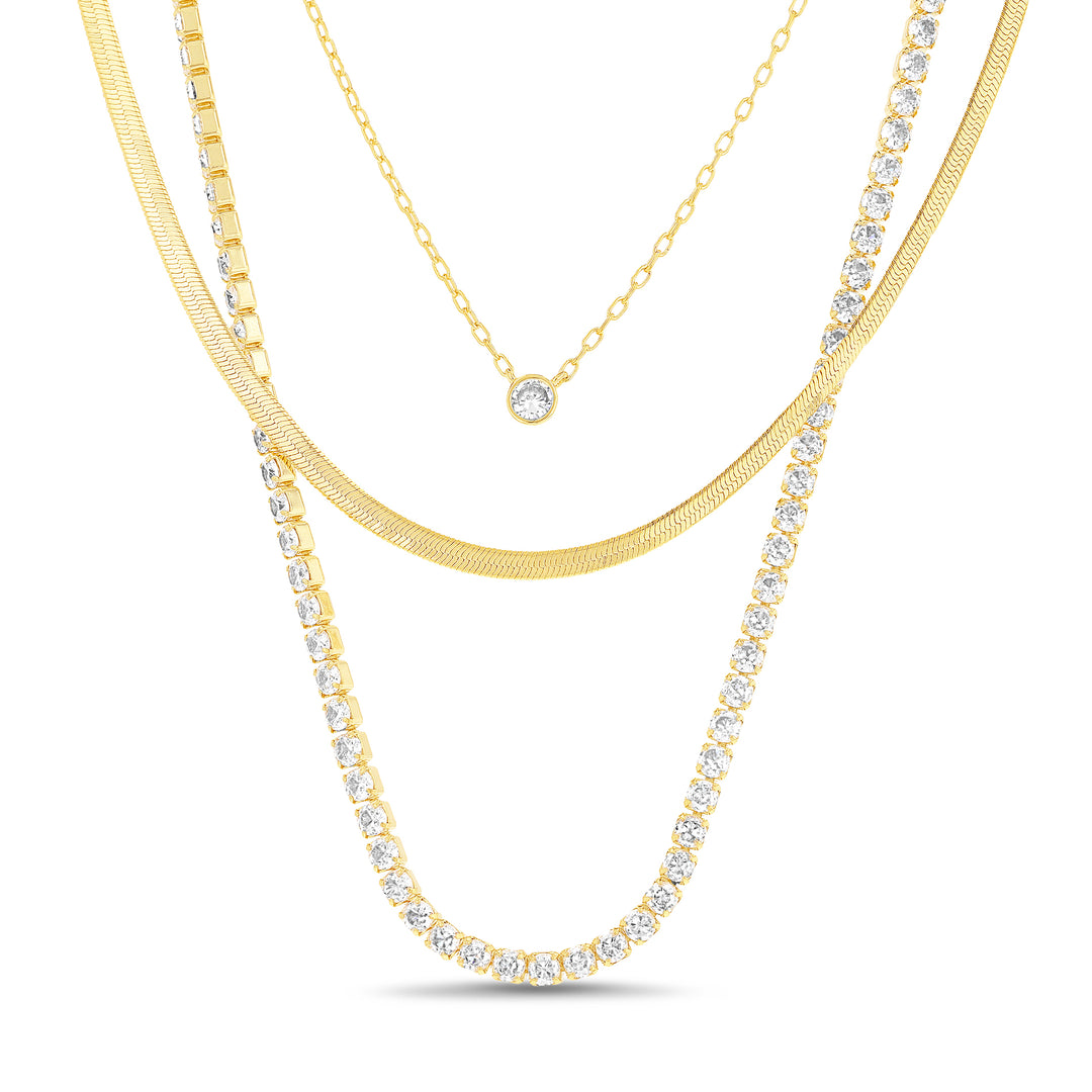 Brass Yellow Gold-Plated Waterproof Cubic Zirconia Tennis Harringbone Cable 3pc Necklace Set