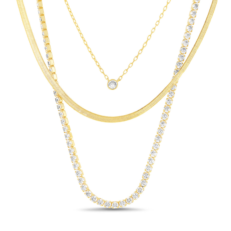 Brass Yellow Gold-Plated Waterproof Cubic Zirconia Tennis Harringbone Cable 3pc Necklace Set