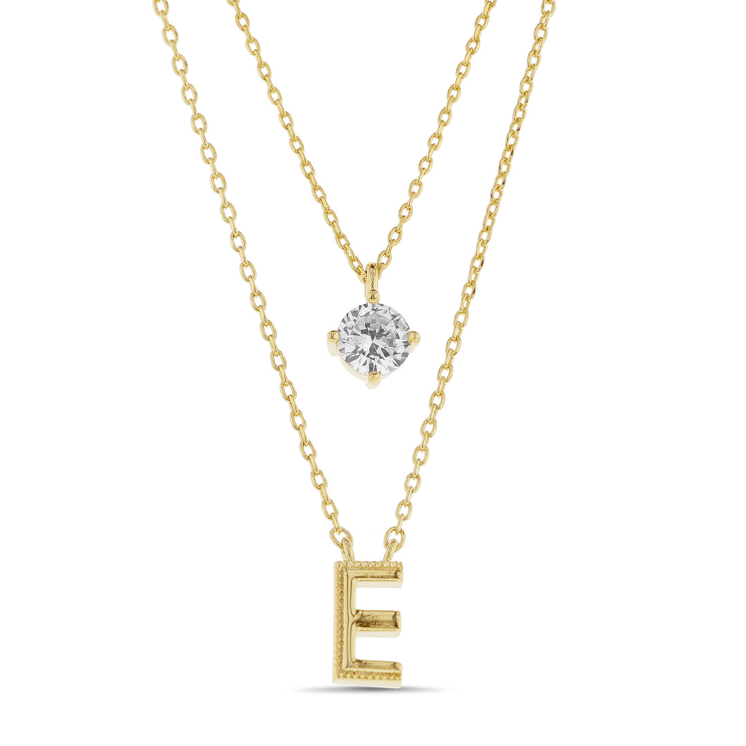 Brass Yellow Gold-Plated Waterproof Cubic Zirconia Round Initial "e" Charm Cable Chain Layered Necklace