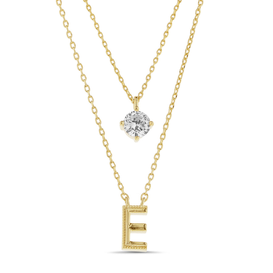 Brass Yellow Gold-Plated Waterproof Cubic Zirconia Round Initial "e" Charm Cable Chain Layered Necklace