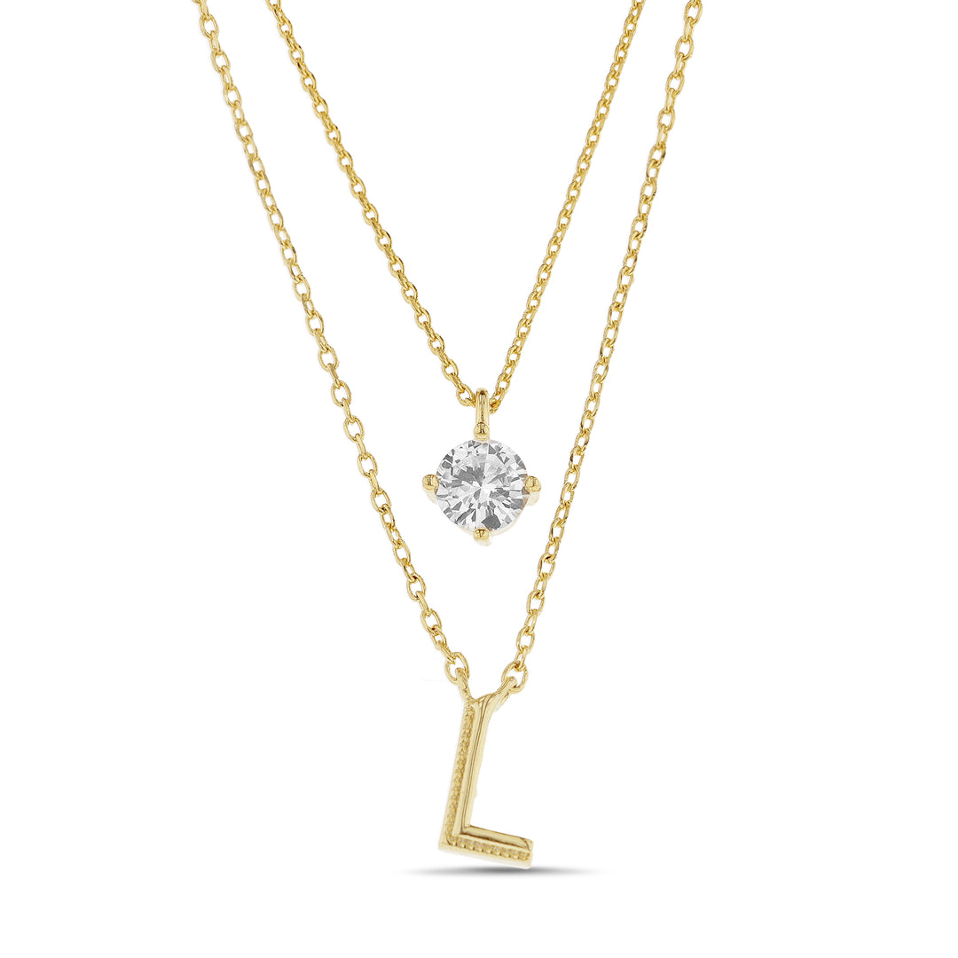 Brass Yellow Gold-Plated Waterproof Cubic Zirconia Round Initial "l" Charm Cable Chain Layered Necklace