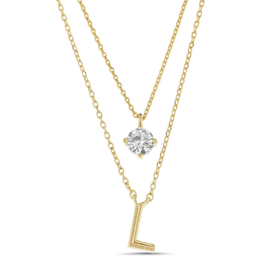 Brass Yellow Gold-Plated Waterproof Cubic Zirconia Round Initial "l" Charm Cable Chain Layered Necklace