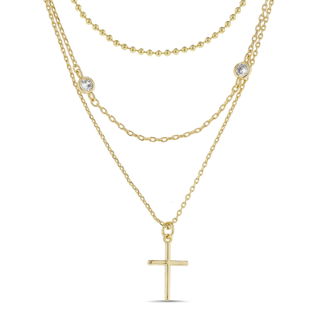 Brass Gf Waterproof Clear Cubic Zirconia Stationed Charms Cross Charm Duo Necklace Set<br>