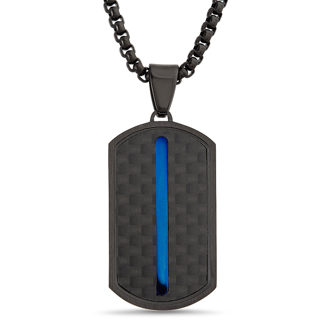 Sterling Silver Black-Plated 2-tone Waterproof ( & Bl) Fiber Carbon Dogtag Necklace