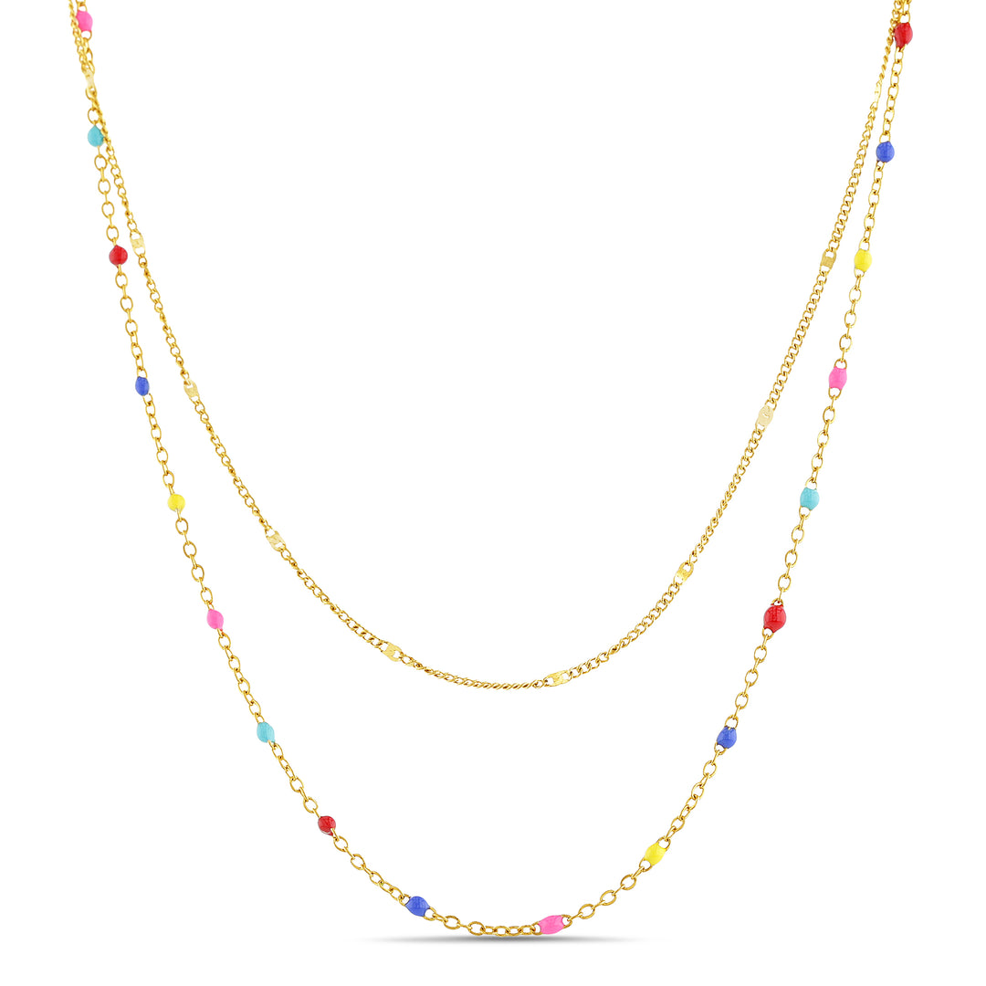 Sterling Silver Yellow Gold-Plated Waterproof Multicolored E Beads Double Chain Necklace