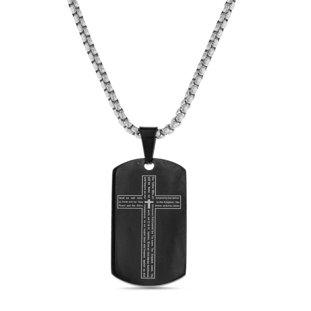 Sterling Silver Black-Plated 2tone Waterproof St Dog Tag Cross Charm Box Chain Men's Necklace