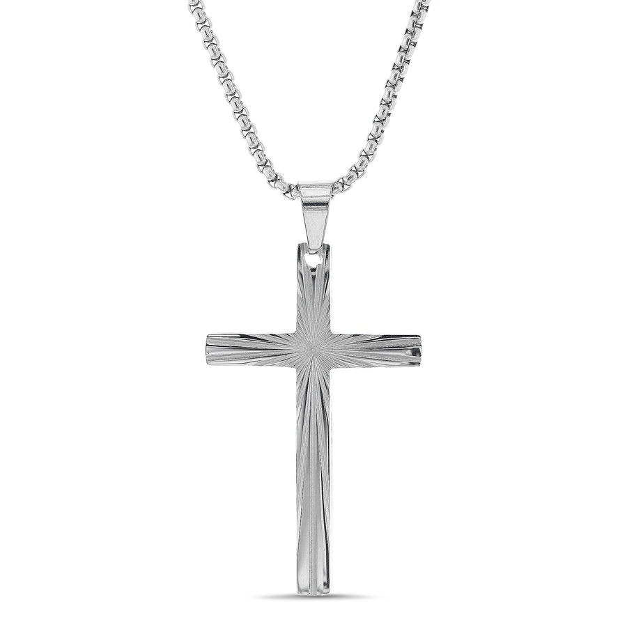 Sterling Silver Textured Waterproof Cross Charm Box Chain Men's Necklace