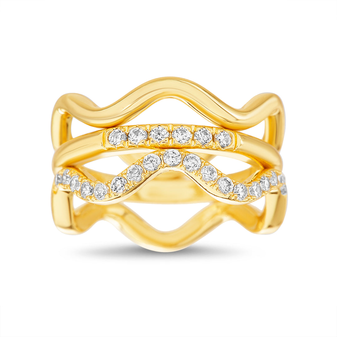 Brass Yellow Gold-Plated Waterproof Cubic Zirconia Polished Triple Set Ring