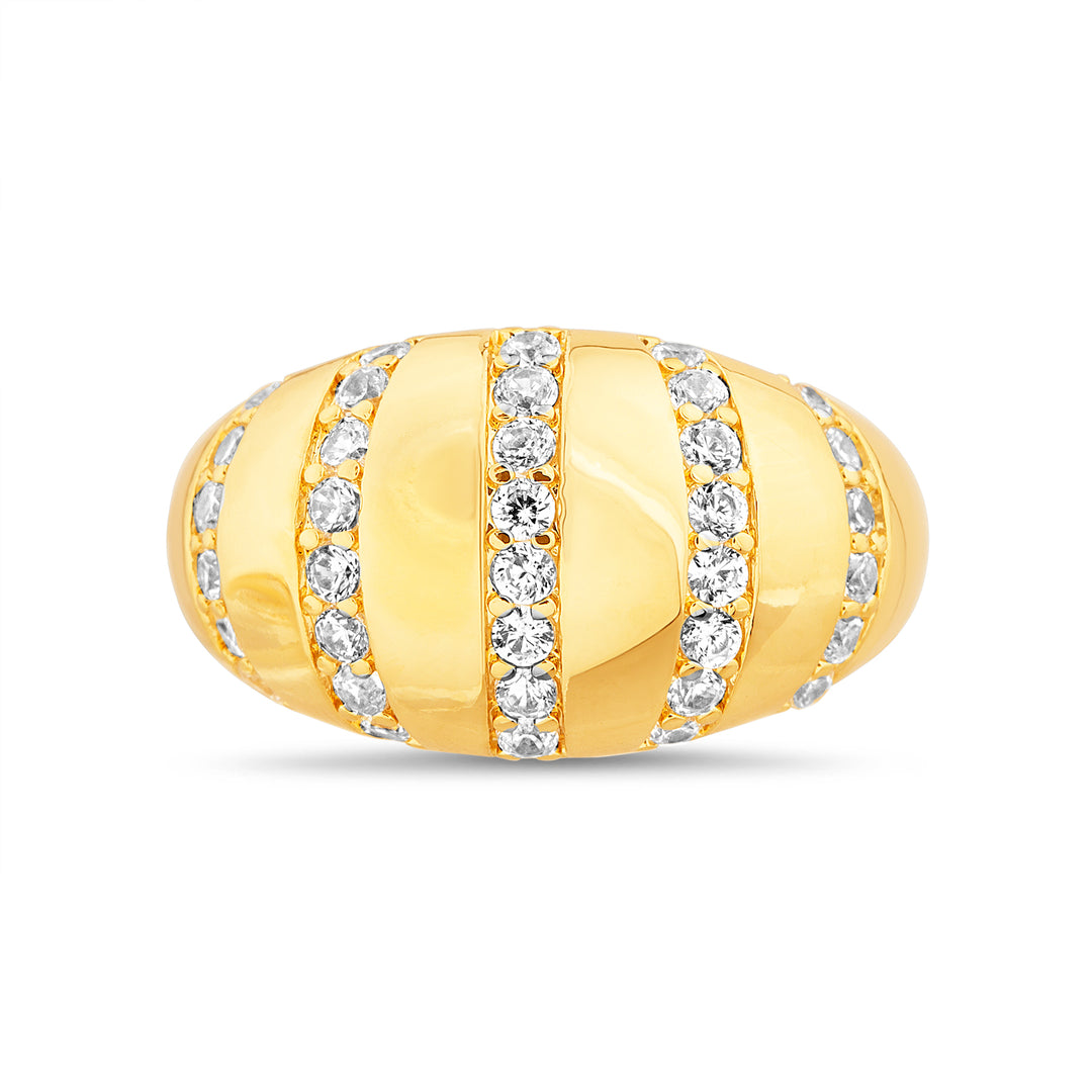 Brass Yellow Gold-Plated Waterproof Cluster Clear Cubic Zirconia Dome Ring
