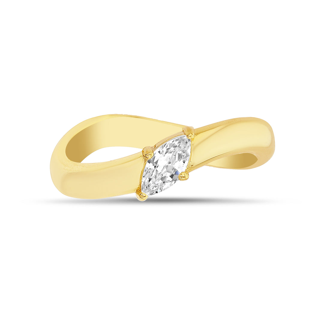 Brass Yellow Gold-Plated Waterproof Marquise Cut Cubic Zirconia Wave Ring
