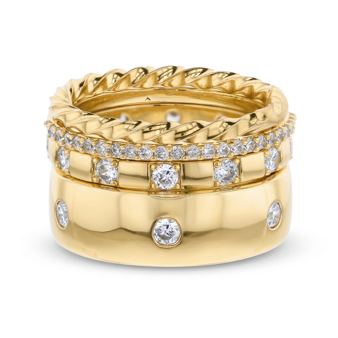 Brass Yellow Gold-Plated Waterproof Round Shape Cubic Zirconia & Rope 4pc Band Ring Set