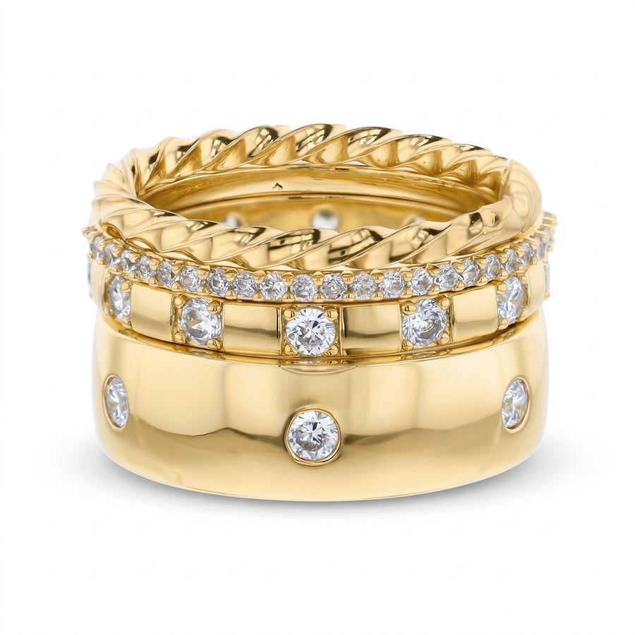 Brass Yellow Gold-Plated Waterproof Round Shape Cubic Zirconia & Rope 4pc Band Ring Set