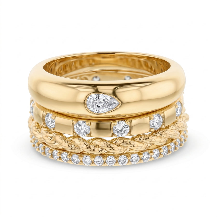 Brass Yellow Gold-Plated Waterproof Round Pear Shape Cubic Zirconia & Rope 4pc Band Ring Set