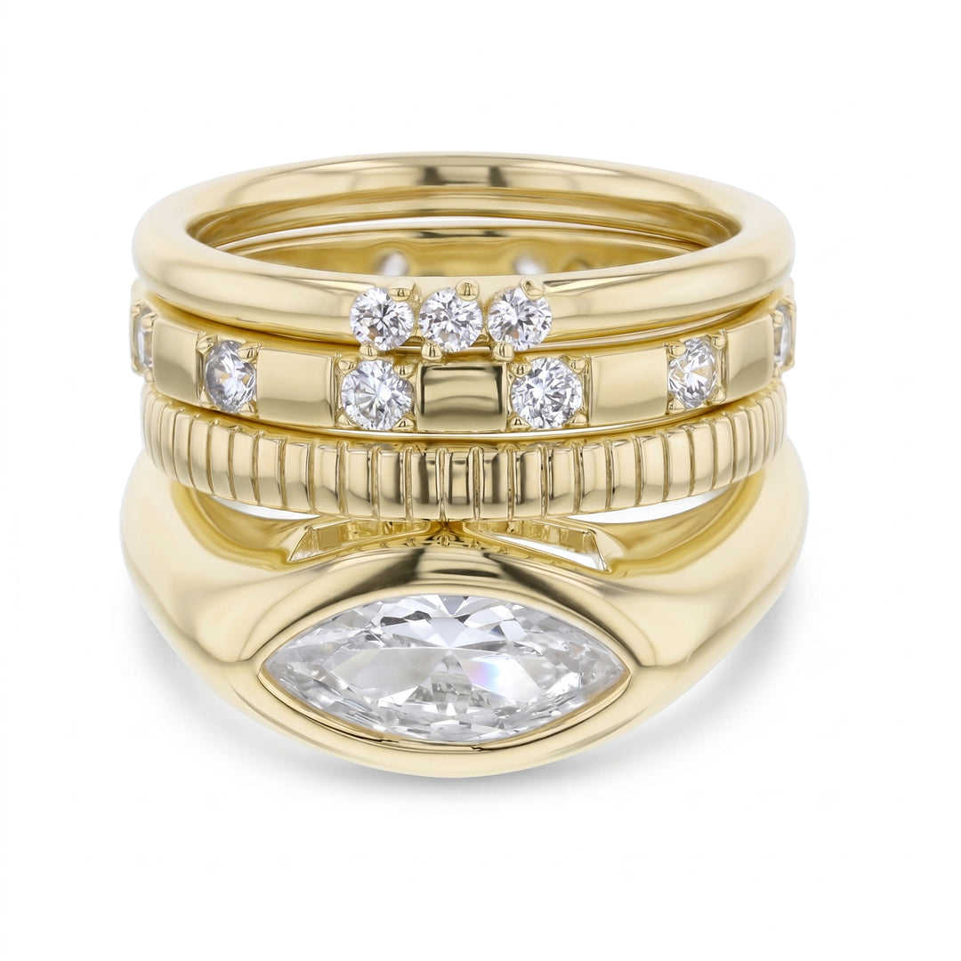 Brass Yellow Gold-Plated Waterproof Round Marquise Shape Cubic Zirconia & Textured 4pc Band Ring Set