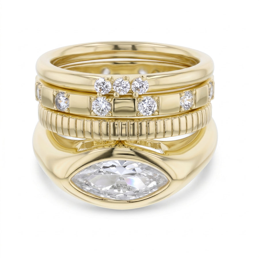 Brass Yellow Gold-Plated Waterproof Round Marquise Shape Cubic Zirconia & Textured 4pc Band Ring Set