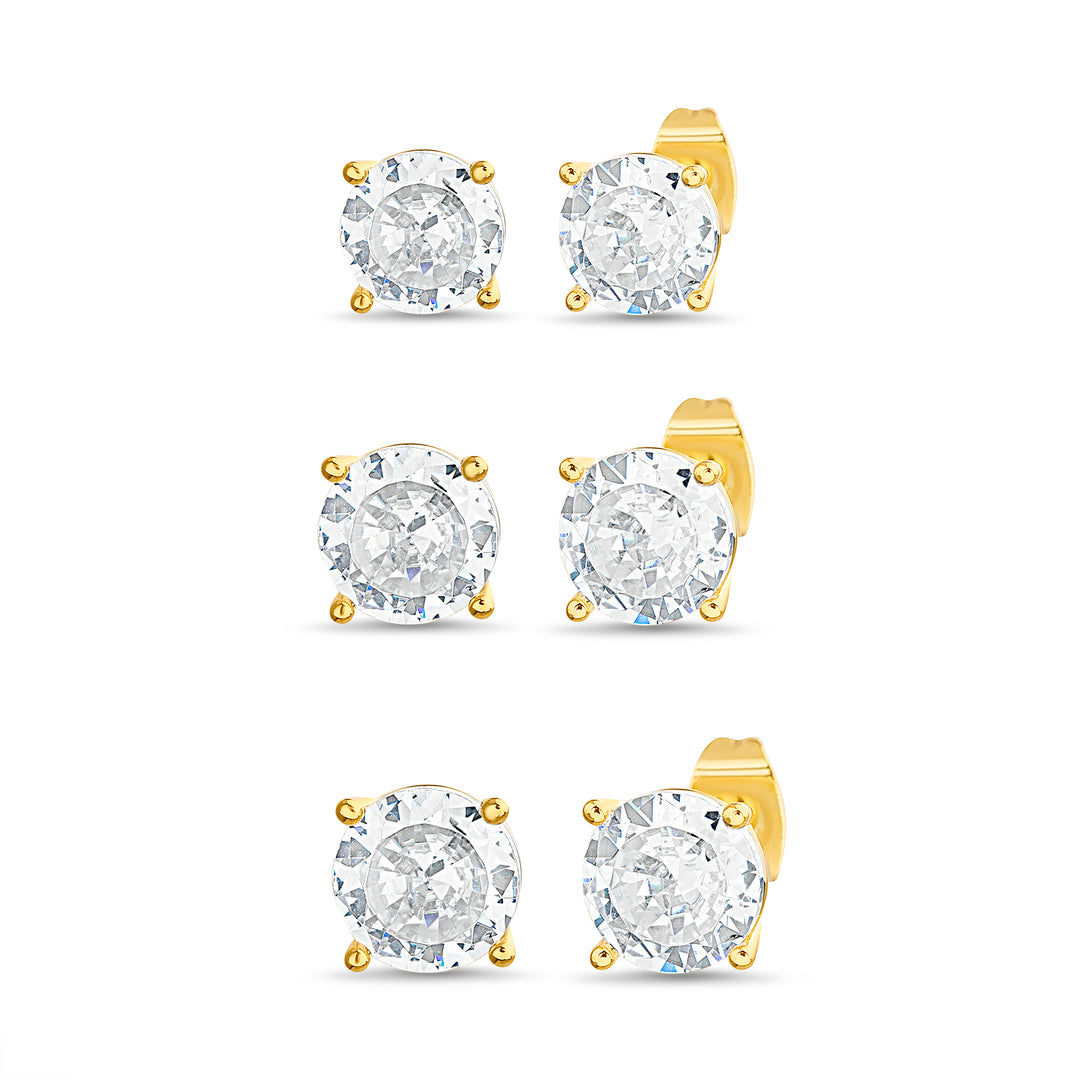 Brass Yellow Gold-Plated Waterproof 6 7 8MM Rd Cubic Zirconia Post Earrings Set