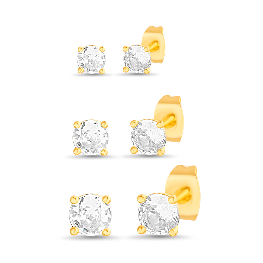 Brass Yellow Gold-Plated Waterproof Round Wt Cubic Zirconia 5,6,7mm Stud Earring Set