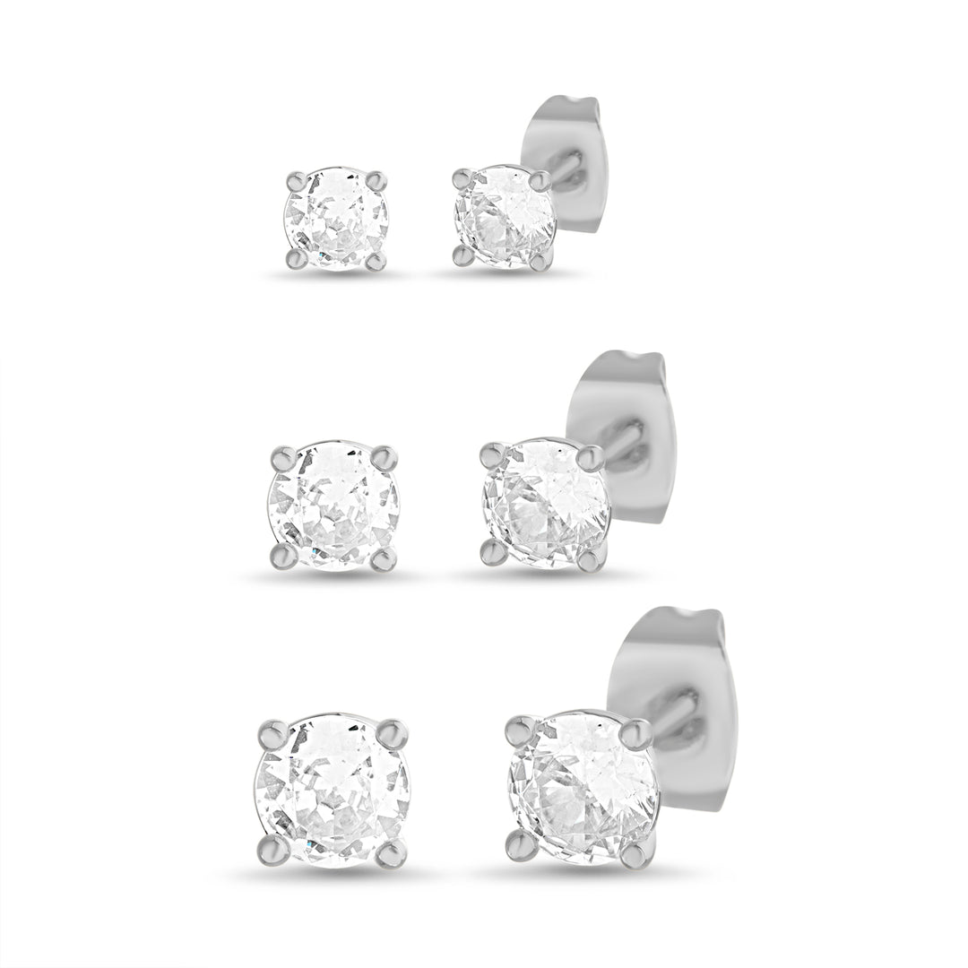 Aquamir Waterproof Cubic Zirconia 3-Pair Stud Earring Set