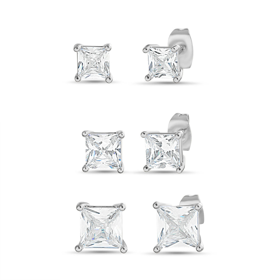 Brass Rhodium-Plated Waterproof 5 6 7MM Sqr Cubic Zirconia Post Earrings Set