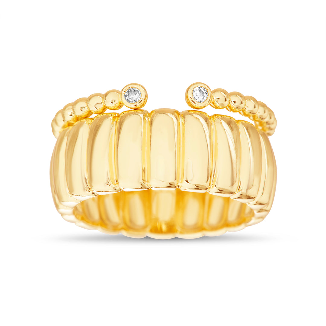 Brass Yellow Gold-Plated Waterproof Round Clear Cubic Zirconia Beaded + Ribbed Rings Set